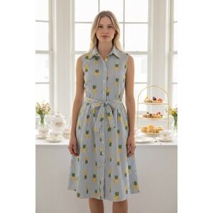 Chloe + Rene Dress Women's M Pineapple Blue White Stripes Pockets Preppy Coastal